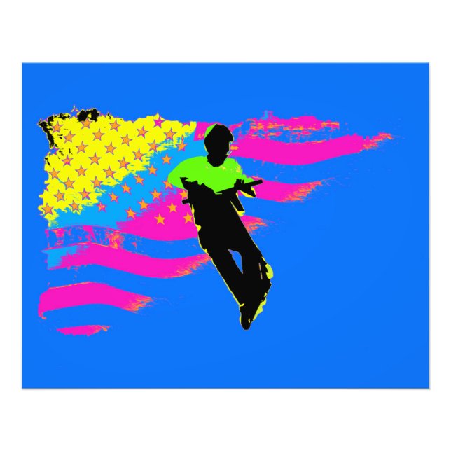 Patriotic Scooter Rider and US Flag Artwork Photo Print (Front)