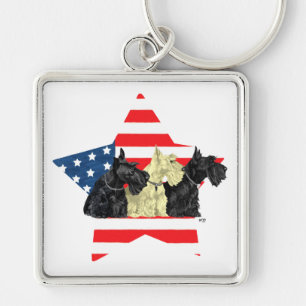 Patriotic Scottish Terriers on Star Keychain