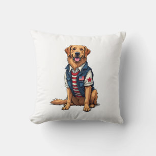 Patriotic Service Dog Golden Retriever Shirt 4 Throw Pillow