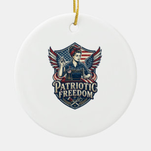 Patriotic Sewing Mom Vector Graphic Tee_1 Ceramic Ornament