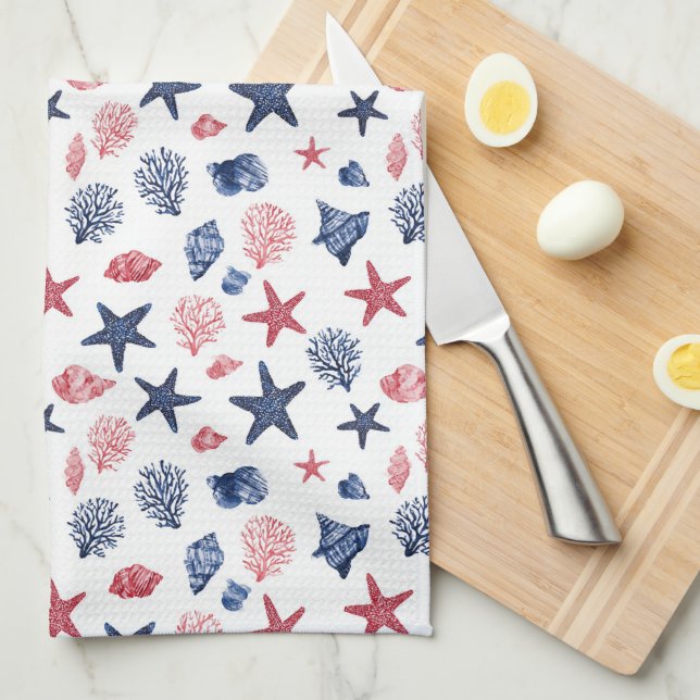 Patriotic Shells & Coral Summer Kitchen Towel (Quarter Fold)