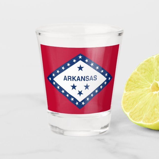 Patriotic shot glass with flag of Arkansas, USA (Front)