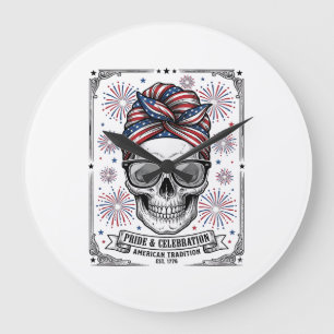 Patriotic Skull Fireworks Vintage Engraving Shirt_ Large Clock