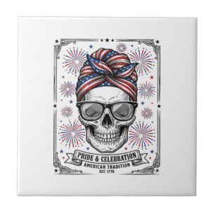 Patriotic Skull Fireworks Vintage Engraving Shirt_ Tile