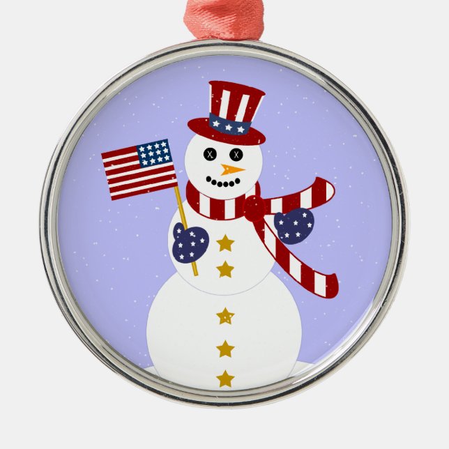 Patriotic Snowman Round Silver Christmas Ornament (Front)