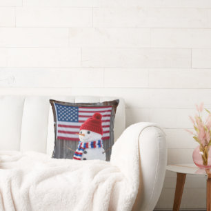 Patriotic Snowman With American Flag Throw Pillow