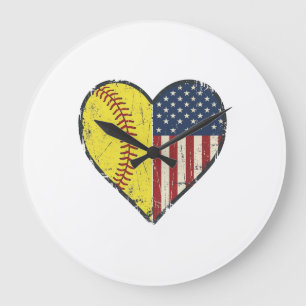 Patriotic Softball Heart Vintage Vector Design_1 Large Clock