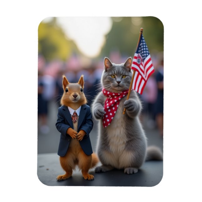Patriotic Squirrel and Cat Magnet (Vertical)