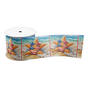 Patriotic Starfish in Beach Sand Satin Ribbon