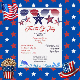 Patriotic Stars 4th July Sunglasses Pool Party Invitation