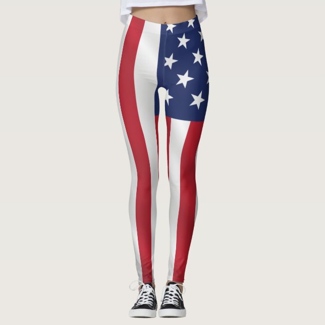 Patriotic Stars and Stripes Blue White Holiday Leggings (Front)