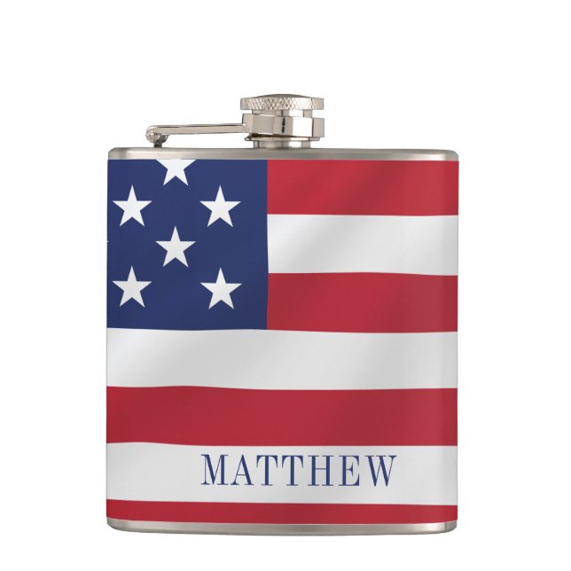 Patriotic Stars and Stripes Blue White USA Flag Hip Flask (Front)
