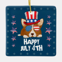 Patriotic Stars and Stripes Hat and Glasses Corgi