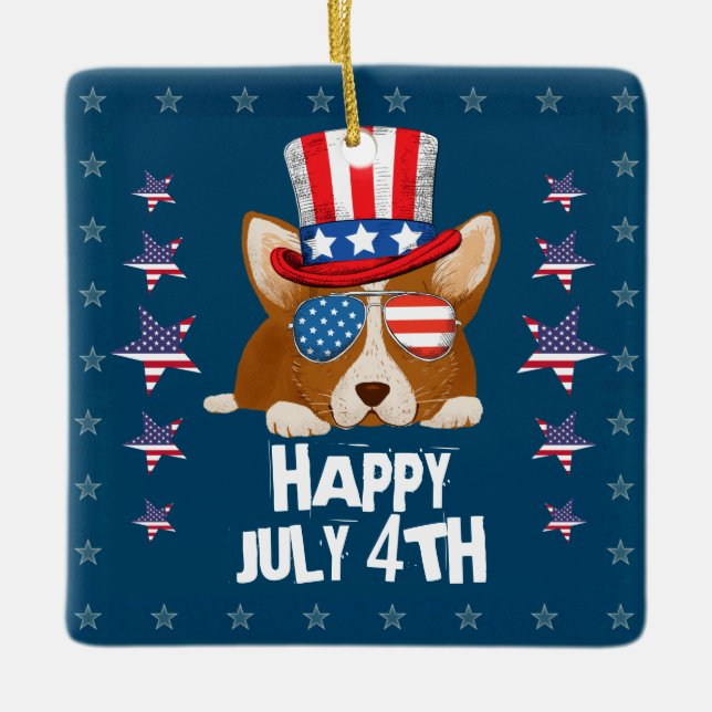 Patriotic Stars and Stripes Hat and Glasses Corgi Ceramic Ornament (Front)