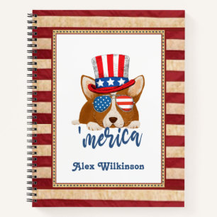 Patriotic Stars and Stripes Hat and Glasses Corgi Notebook