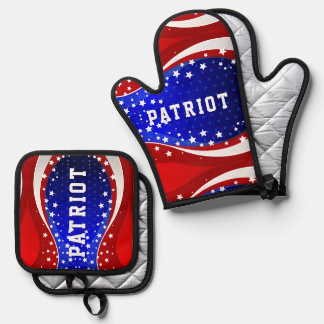Patriotic Stars and Stripes Pattern Oven Mitt & Pot Holder Set (Front/Back)