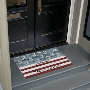 Patriotic Stars and Stripes Rustic Wood Doormat