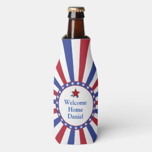 Patriotic Stars and Stripes Welcome Home with Name Bottle Cooler
