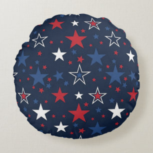 Patriotic  Stars on Navy Blue Seamless Pattern Round Pillow