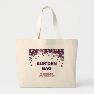PATRIOTIC STARS, RED WHITE BLUE COTTON BUR'DEN LARGE TOTE BAG