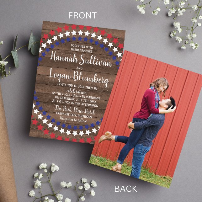 Patriotic Stars Rustic 4th of July Photo Wedding Invitation (Creator Uploaded)