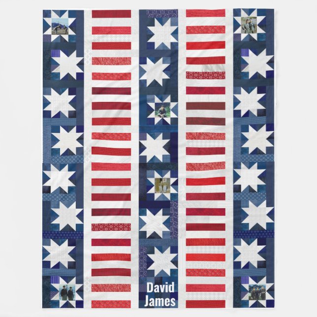 Patriotic Stars Stripes Flag Quilt Photo Memory Fleece Blanket (Front)