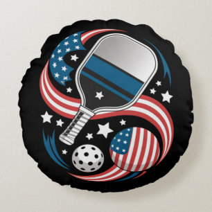 Patriotic Stars Stripes USA Flag Pickleball Round Pillow