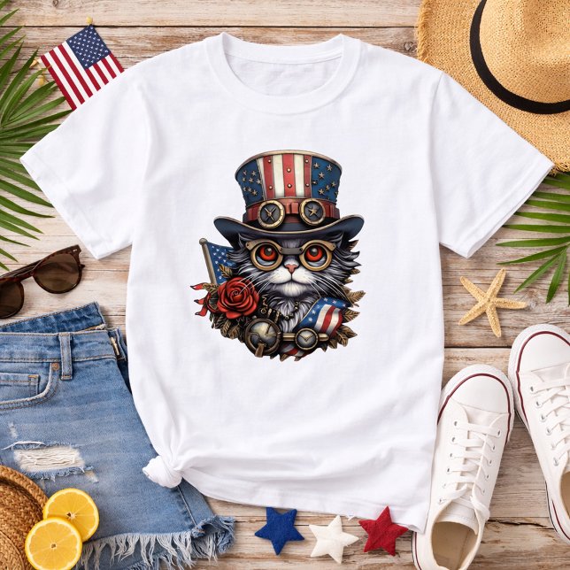 Patriotic Steampunk Cat with Goggles T-Shirt (Creator Uploaded)