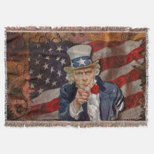 Patriotic Steampunk Sam & US Flag Throw Blanket