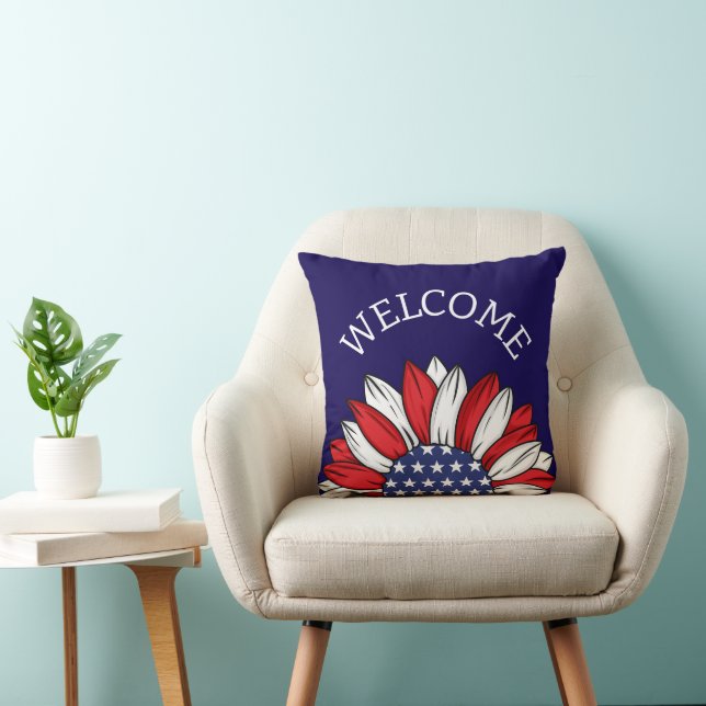 Patriotic Sunflower Welcome Throw Pillow (Chair)