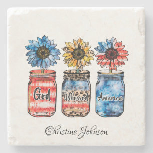 Patriotic Sunflowers in Jars God Blessed America Stone Coaster