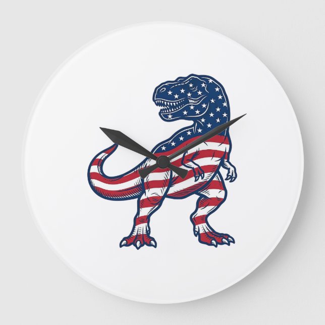 Patriotic T-Rex American Flag Dinosaur Design_1 Large Clock (Front)