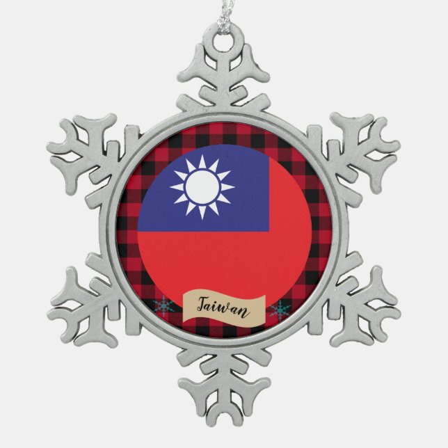 Patriotic Taiwan, buffalo plaid, Taiwanese Flag Snowflake Pewter Christmas Ornament (Front)