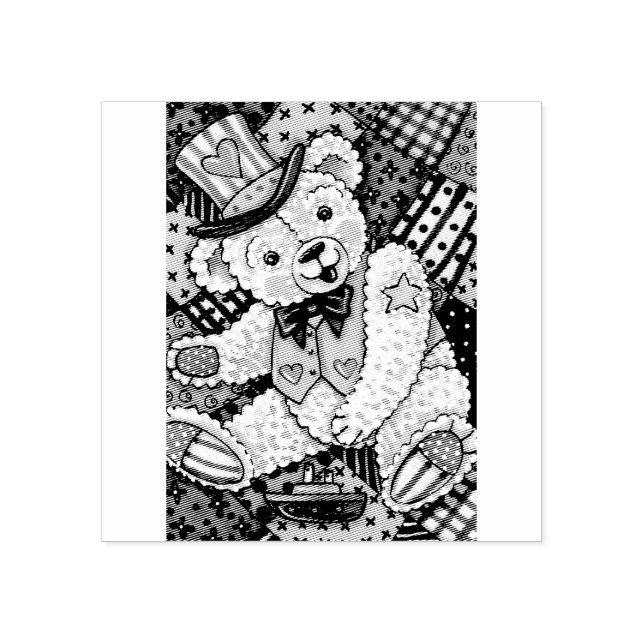 PATRIOTIC TEDDY BEAR PATCHWORK QUILT RUBBER STAMP (Imprint)