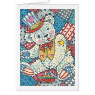 PATRIOTIC TEDDY BEAR & QUILT GREETING CARD Blank