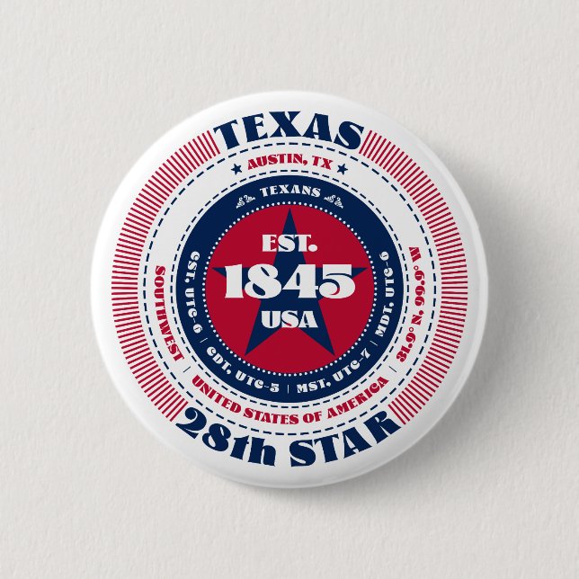 Patriotic Texas Circle with State Details 2 Inch Round Button (Front)