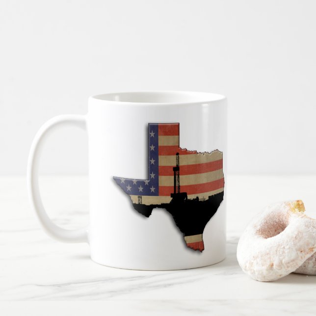 Patriotic Texas Oil Drilling Rig Coffee Mug (With Donut)
