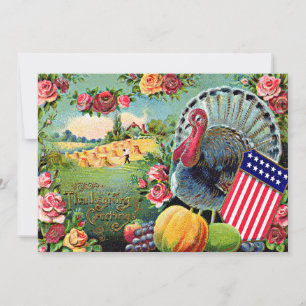 Patriotic Thanksgiving Turkey Harvest Rose Holiday Card