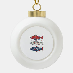 Patriotic Three Fish Vintage Engraving Shirt Desig Ceramic Ball Christmas Ornament