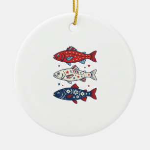 Patriotic Three Fish Vintage Engraving Shirt Desig Ceramic Ornament
