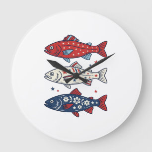 Patriotic Three Fish Vintage Engraving Shirt Desig Large Clock