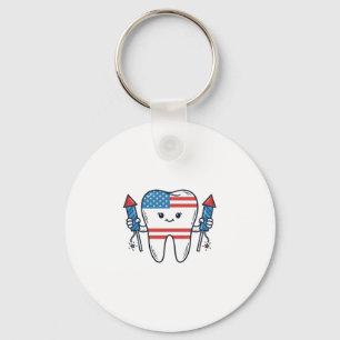 Patriotic Tooth Mascot Fireworks Vector Design_1 Keychain