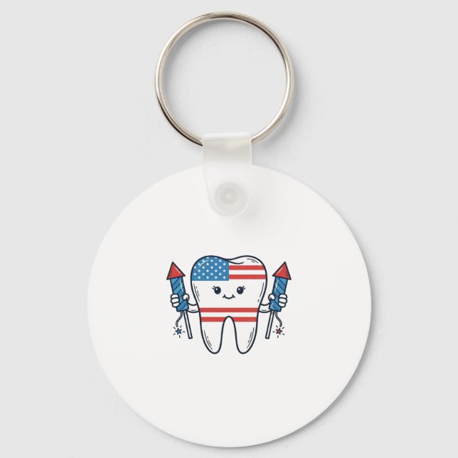 Patriotic Tooth Mascot Fireworks Vector Design_1 Keychain (Front)