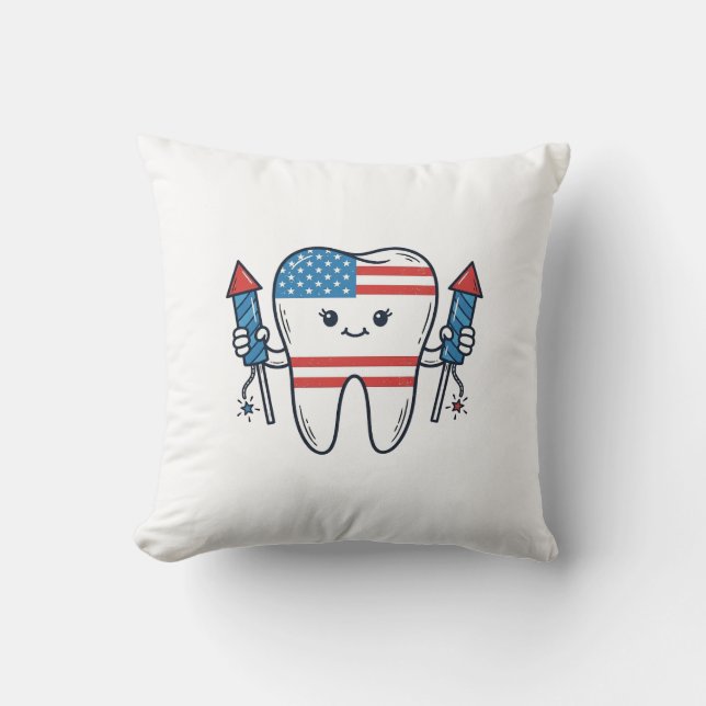 Patriotic Tooth Mascot Fireworks Vector Design_1 Throw Pillow (Front)