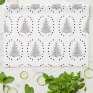 Patriotic tree with red and blue stars kitchen towel