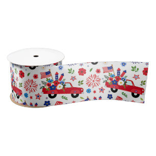 Patriotic truck and fireworks pattern satin ribbon