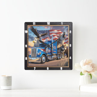  Patriotic Truck Eagle Wolf USA  Square Wall Clock