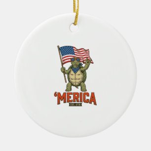 Patriotic Turtle ‘Merica Vintage Vector Ceramic Ornament