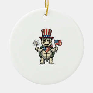 Patriotic Turtle Vintage Engraving Graphic for Whi Ceramic Ornament