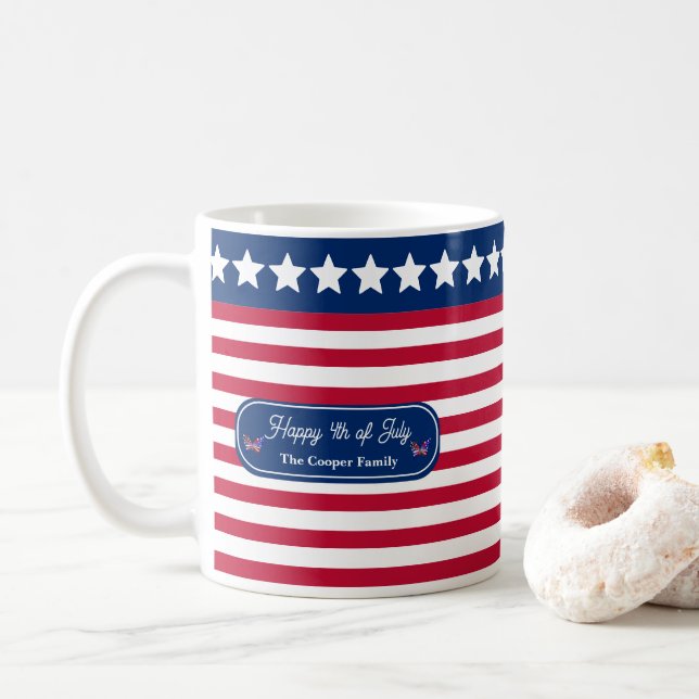 Patriotic U.S. Flag Happy 4th of July Family Name Coffee Mug (With Donut)